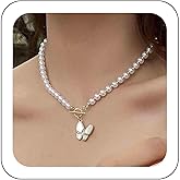 Iaceble Vintage Pearl Choker Necklace Mother Of Pearl Butterfly Necklace Gold Pearl Toggle Clasp Necklace Whita Pearl Beaded Necklace Butterfly Pendant Necklace Jewelry for Women