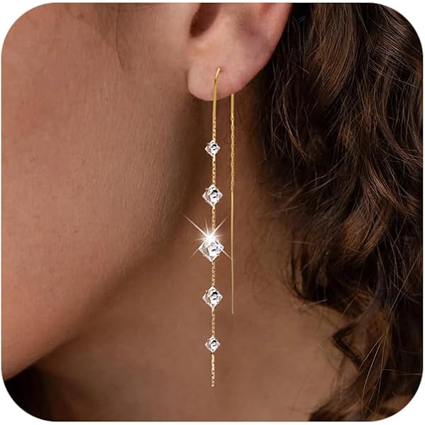 Gold Threader Earrings For Women, 14K Dangle Long Chain Drop Earrings Dangling Dainty Elegant Dangly Ear Chain Tassel Cubic Zirconia Wedding Hoco Trendy J