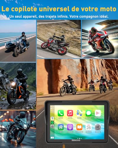 ESSGOO CarPlay Moto 5" Écran Tactile IPS avec CarPlay & Android Auto sans Fil, GPS Moto Étanche, Musique Bluetooth, Navigation, Support Siri, Installation & Démontage Faciles