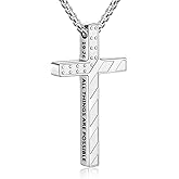 Fiusem Cross Necklace for Men, Inspirational Bible Verse American Flag Cross Chain, Stainless Steel Mens Necklace, Jewelry Gift Box Chain Pendant 18-24 Inch