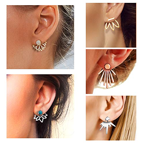 18 Pairs Multiple Dainty Lotus Flower Ear Jacket Earrings-Minimalism CZ Bar Turquoise Studs-White Rose Gold Plated Statement Chic Fashion Stud Earring Set New Year for Teens Girl Women