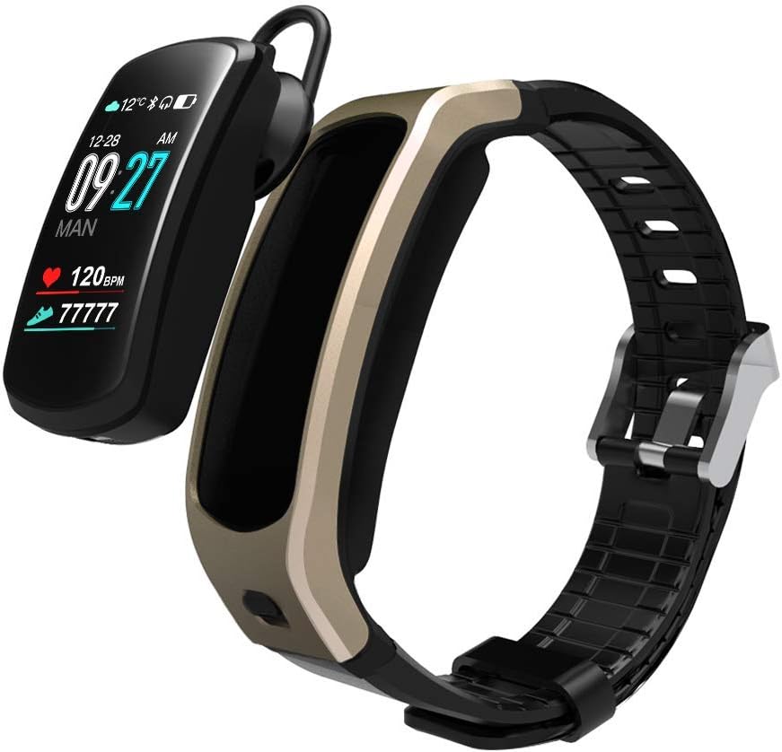 PGTC Fitness Sport Smartwatch Bluetooth Headset with Heart Rate Monitor, Blood Pressure Test Smart Talkband Calorie Counter Pedometer Watch for Android and iPhone (Gold)