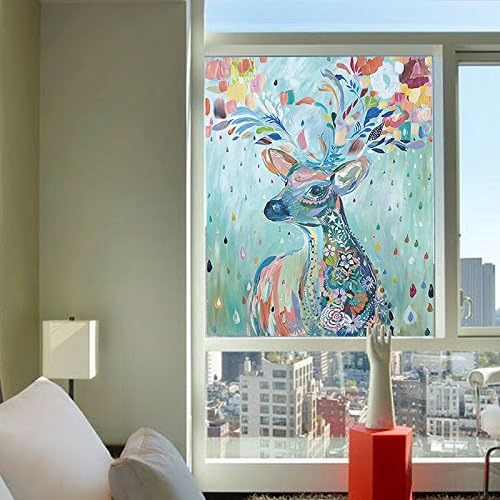 YL Stained Glass Decorative Window Film, Premium Static Cling No-Glue Stained Glass Decorative Window Film, Vinyl Scrub Privacy Window Film (60X90CM, Hand painted elk)