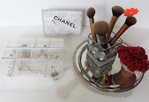 Bling Vanity Table set of 5 Silver Tray, Small Flower pot Makeup Brush holder