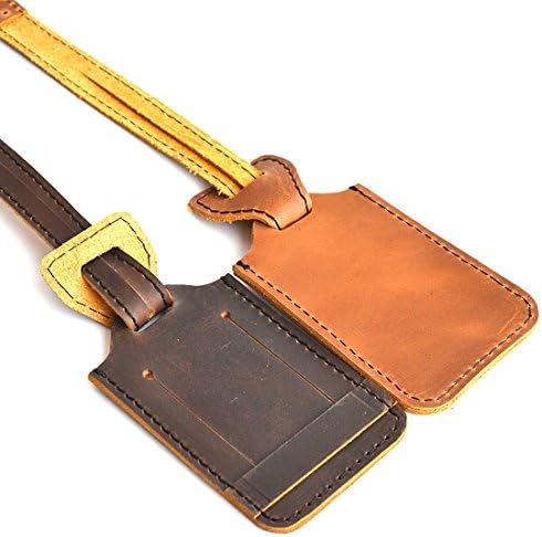Marlondo Leather Luggage Tag - Leather Travel Bag Tags with Privacy Flap For Business Card or ID (Dark Brown)