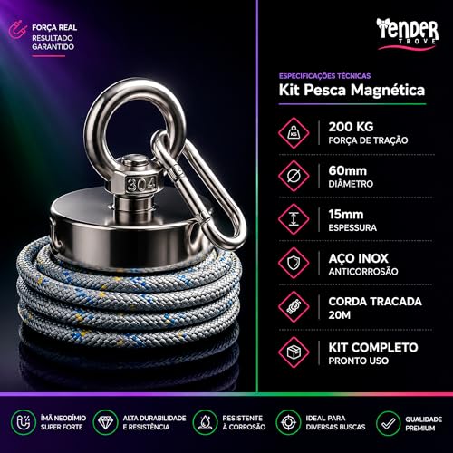Tender Trove Kit Pesca Magnetica Ima Neodimio 200kg, 60mm, Corda Trancada 20 Metros, Mosquetao Aco Inox, Recuperacao Objetos Metalicos Rios Lagos
