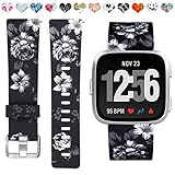 Maledan Replacement Bands Compatible with Fitbit Versa/Versa Lite/SE, Water Resistant Flexible Adjustable Accessories Printed Strap Wristbands, Fits for Women Girls, Black/White Floral, Small