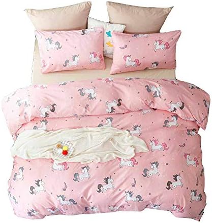 YOMIMAX 3 Pieces Pink Bedding Queen Unicorn Duvet Cover Queen with Zipper for Kids Boys Girls(Queen,Pink)