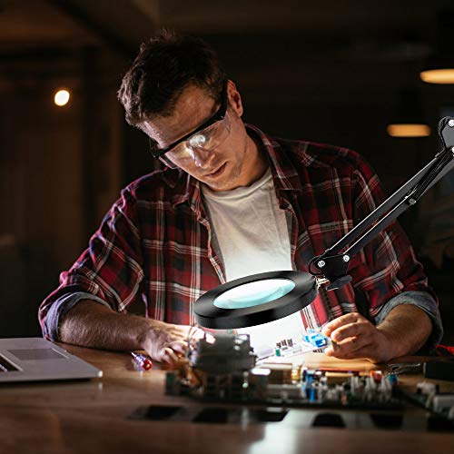 LED Magnifying Glass Desk Lamp,5X Lighted Magnifier with 3 Color Modes,Brightness Dimmer,Eye Protection,Reading Light Clamp Lamp for Table Top Tasks