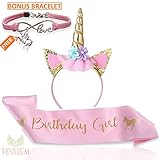 Unicorn Party Supplies, Birthday Set, Decorations, Favors, Costume, Pink Satin Sash for Girls and Gold Glitter Unicorn Headband with Glitter Blue Pink Flowers and Bracelet for Kids By Vexillum