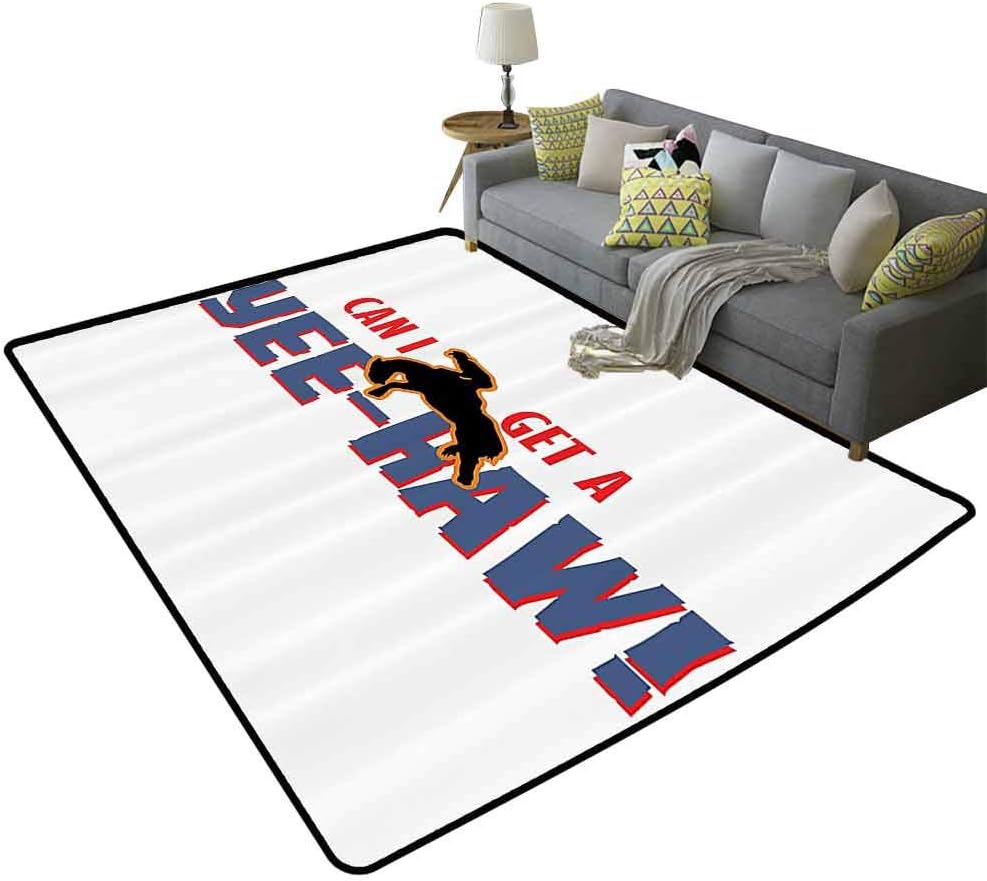 Western Decor Collection Non-Slip Rug American Rodeo Quotes Yee Haw Pattern with Racing Cowboy on Horse Picture Gifts for Women Blue Red, 5'x 6'(150x180cm)