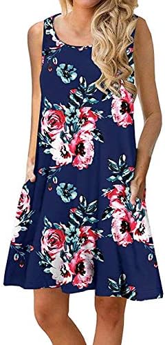 QINYUN Women's Summer Floral Printed Swing Casual T-Shirt Dresses Sleeveless Beach Tank Dresses with Pockets