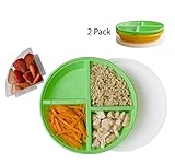 BPA-Free Divided Plates for Kids with Lids [2-Pack] - Microwave & Dishwasher Safe Lunch Containers with Lids for Balanced Meals - Plates with Dividers & Removable Fruit Section [Green/Orange]