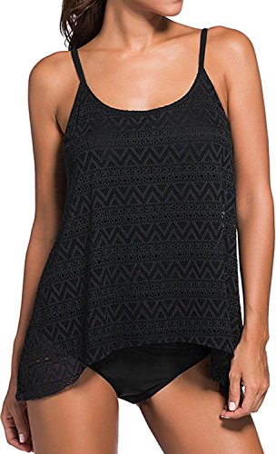 Indrah Women's Stripes Hollow Tankini Top With Bikini Bottom Swimsuit Plus Size S-3XL