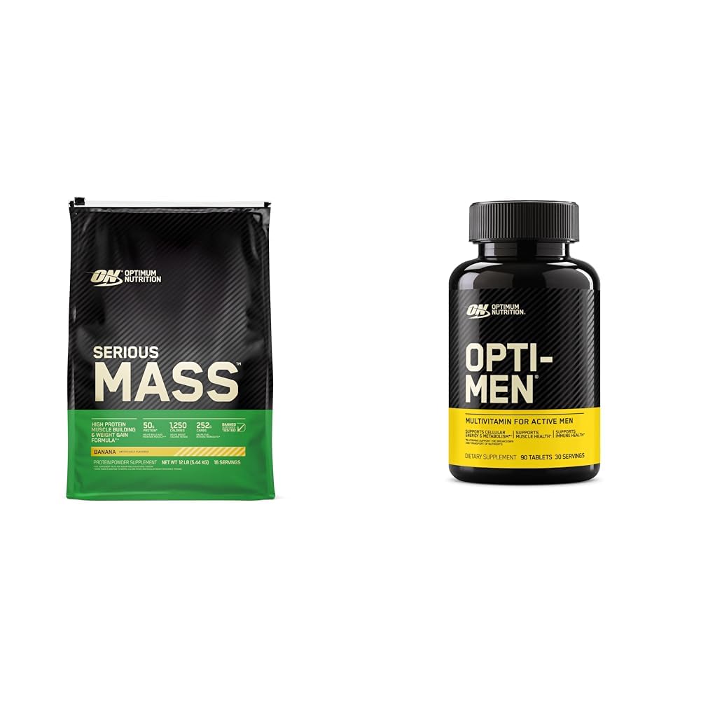 Optimum Nutrition Serious Mass Weight Gainer Protein Powder & Opti-Men, Vitamin C, Zinc and Vitamin D, E, B12 for Immune Support Mens Daily Multivitamin Supplement, 90 Count (Packaging May Vary)