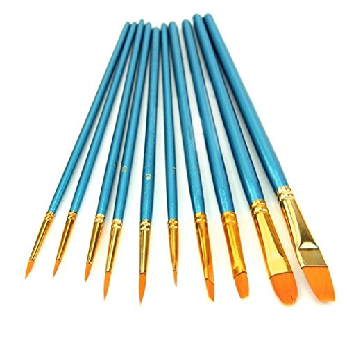 KingWo 10Pcs Artists Paint Brush Set Acrylic Watercolor Round Pointed Tip Nylon Hair