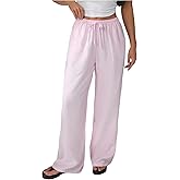 Verdusa Women's Straight Leg Pants Drawstring High Waisted Casual Loose Trousers with Pockets