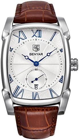 PHCOOVERS Men's Quartz Analog Leather Bracelet Auto Date Rectangle Case Wrist Watches