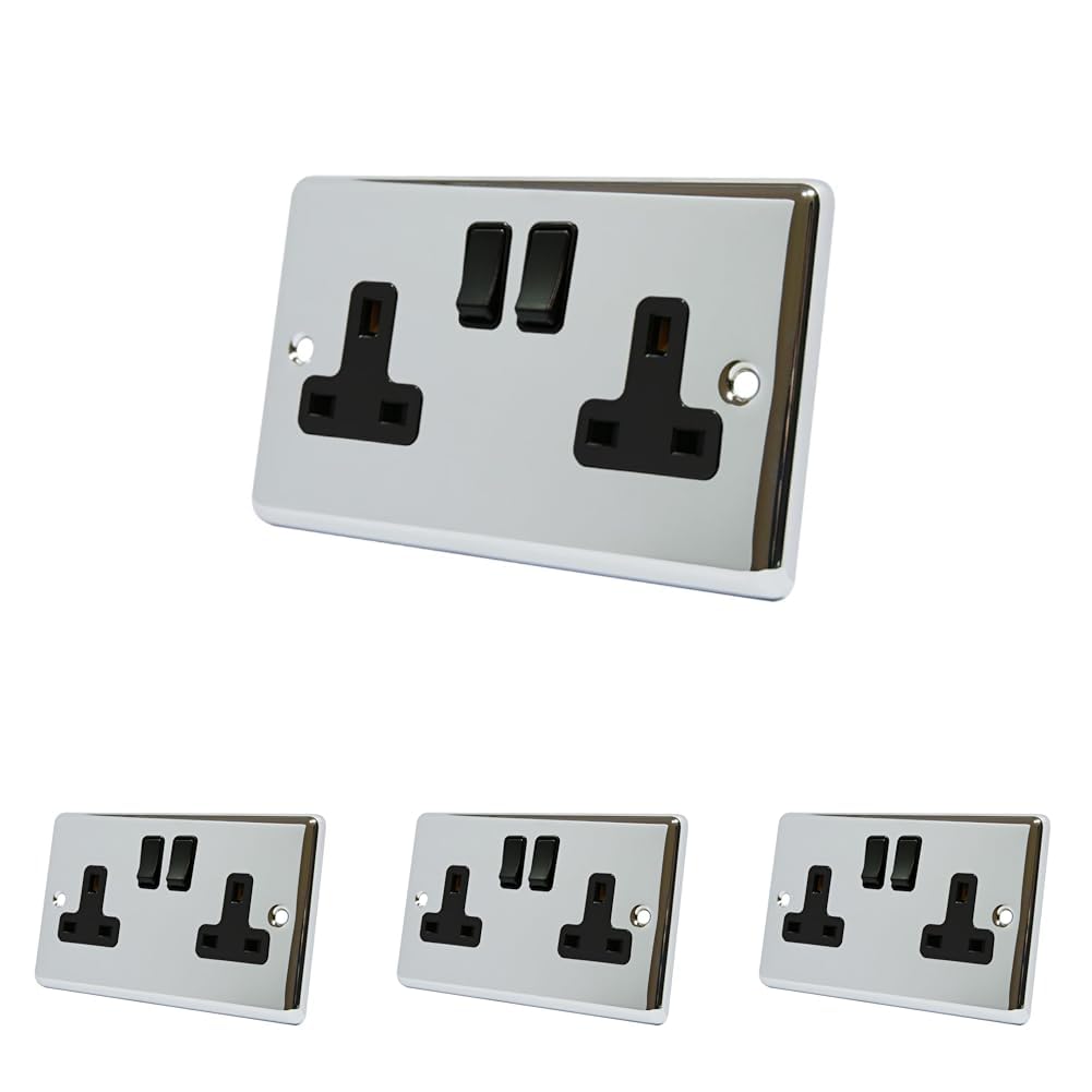 AET CPC2GSOCBL Polished Chrome Classical 2 Gang Black Insert Plastic Rocker Switches-13 Amp Double Plug Socket (Pack of 4)