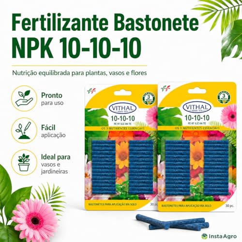 Adubo Fertilizante Vithal Bastonetes 10-10-10, Aplicação via Solo, Kit com 2 Pacotes, 30 Unidades Cada