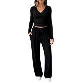 Shiketong Women's 2 Piece V Neck Long Sleeve Lounge Set Sweatsuits | Boho Lounge Sets for Women , Airport Travel Outfits, Comfy Athleisure Fall Winter Clothes ,wide Leg Palazzo Pants