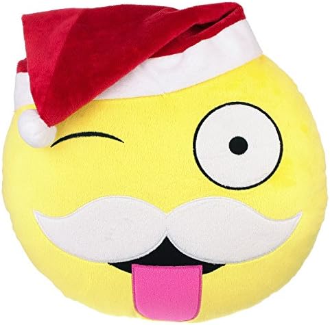 Santa Clause Emoji Christmas Pillow 12” | Wink Tongue Out Face Expression Emoticon | Stuffed Plush Round Cushion for Christmas Gifts, Home Decorations &amp; Decorative Couch Throw Pillow