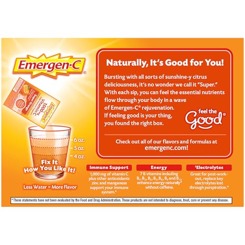 EMERGEN-C 1000MG VITAMIN C POWDER FOR DAILY IMMUNE SUPPORT CAFFEINE FREE VITAMIN C SUPPLEMENTS WITH ZINC AND MANGANESE, B VITAMINS AND ELECTROLYTES, SUPER ORANGE FLAVOR – 60 COUNT/2 MONTH SUPPLY