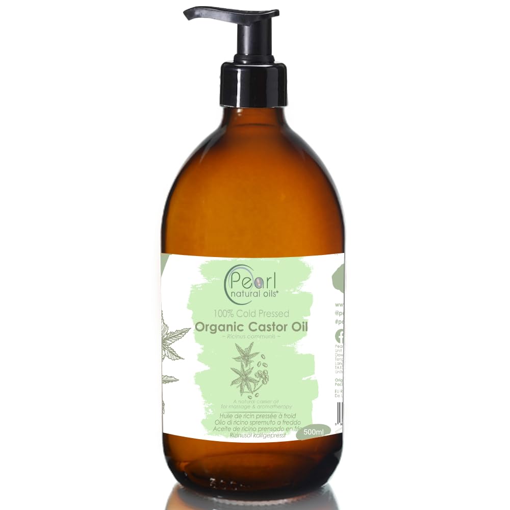 Cold Pressed Organic Pure Castor Oil 500 ml, Glass Bottle with a Pump, Vegan, BP Grade, Hexane Free, Non-GMO