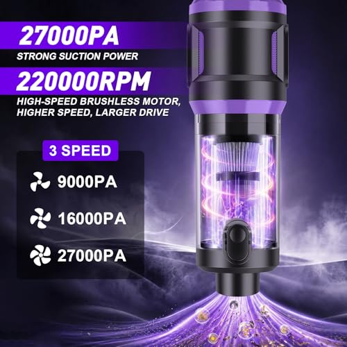 Handstaubsauger Akku 27000Pa mit LED-Display, 5-in-1 Kabelloser Autosauger Stark ,Bürstenloser Motor 220000 RPM,3 Stufen Mini Staubsauger mit HEPA-Filter,12 Zubehör für Auto,PC,Sofa,Tierhaare,Notfall