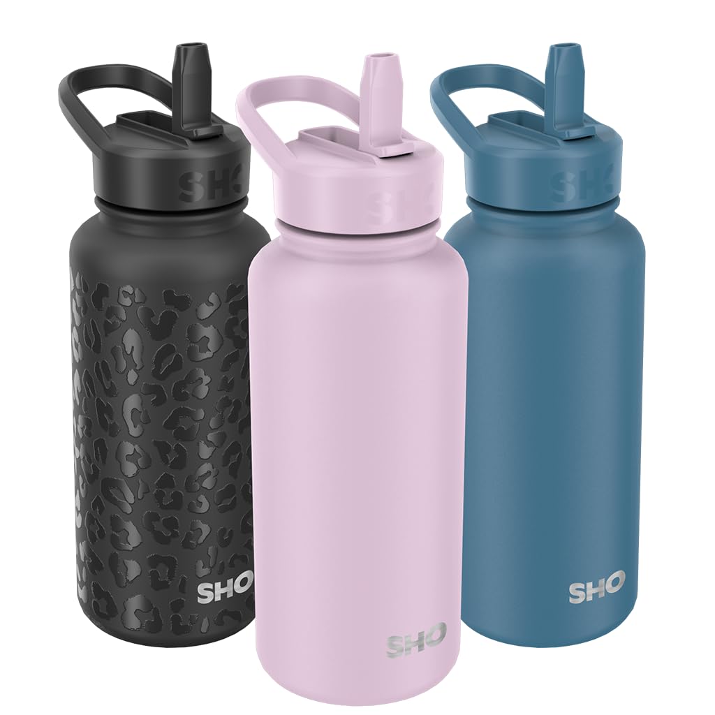 SHO Guzzler Water Bottle with Straw Lid - Leakproof, Dishwasher Safe BPA Free No Sweat Vacuum Insulated Double Walled Metal Flask 950ml & 1900ml - 24 Hours Cold (Pale Lavender, 950ml)