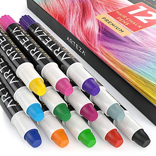 Arteza Temporary Hair Chalk Pens 12 Colors, Washable Hair Colors for
