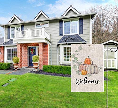 PINCHUANG Fall Welcome Pumpkin Garden Flag - Double Sided Decorative Autumn Thanksgiving Farmhouse Harvest Garden Flag Yard Burlap Banner for Indoor & Outdoor Decoration(Not Include a Flag Pole)