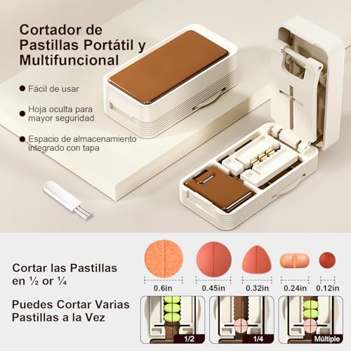 Cortador de Pastillas con Hoja Oculta, Evita Cortes en las Manos, Cortador de Pastillas Ajustable, Corte Preciso de Medicamentos, Divide en 2/4 Partes, para la Mayoría de las Tabletas (Blanco Marron)