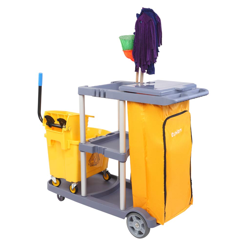 Service Carts Housekeeping Caddy with Cover and Vinyl Bag 3 Shelves Commercial Janitorial
