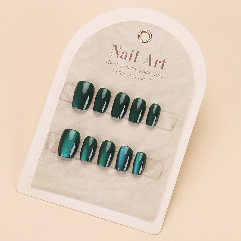 Dark Green Press on Nails Short Square Fake Nails Cat Eye Acrylic Nails Ombre Artificial Nails Glue on Nails Glossy Squoval False Nails Xmas Stick on Nails for Women 30Pcs - Image 6