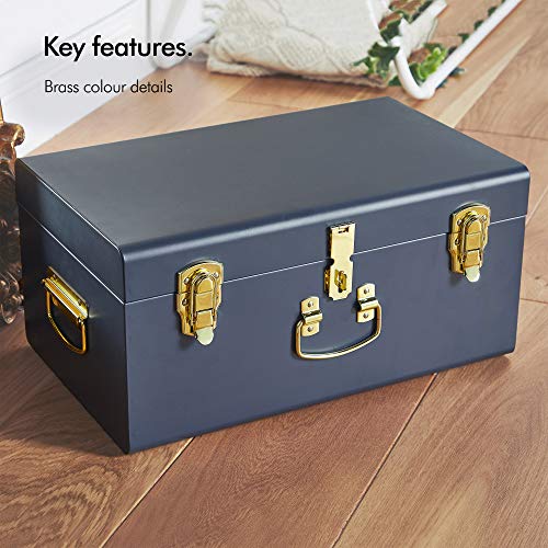 Beautify Set of 3 Navy Blue Vintage Metal Steel Storage Trunk Set Lockable and Decorative with