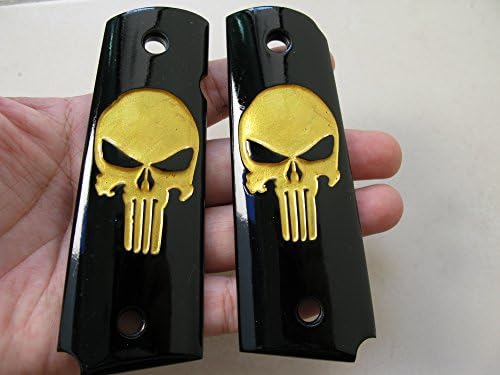 NEW GOLD SKULL PUNISHER ON BLACK POLYMER RESIN GRIPS OF 1911 FULL SIZE CLONE, COLT GOVERNMENT, SPRINGFIELD, KIMBER, SHIP FROM THAILAND