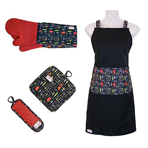 Le Chef 4 Piece Apron Set, Red, Tools, Floral