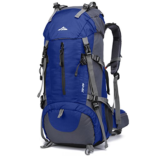 Seenlast 50L Unisex Travel Hiking Backpack Outdoor Sport Daypack Water-resistant Bag with Rain Cover for Climbing Camping Touring Mountaineering(Blue)