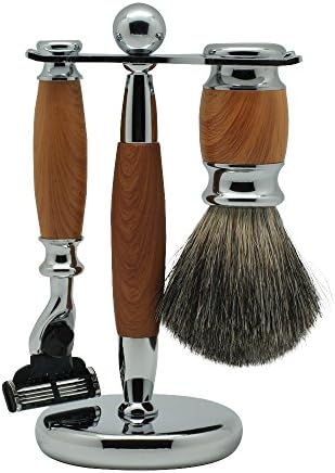 3 in 1 Shaving Set/Kit,Beech Wood Badger Hair Shaving Brush, Stand and Mach 3 Razor