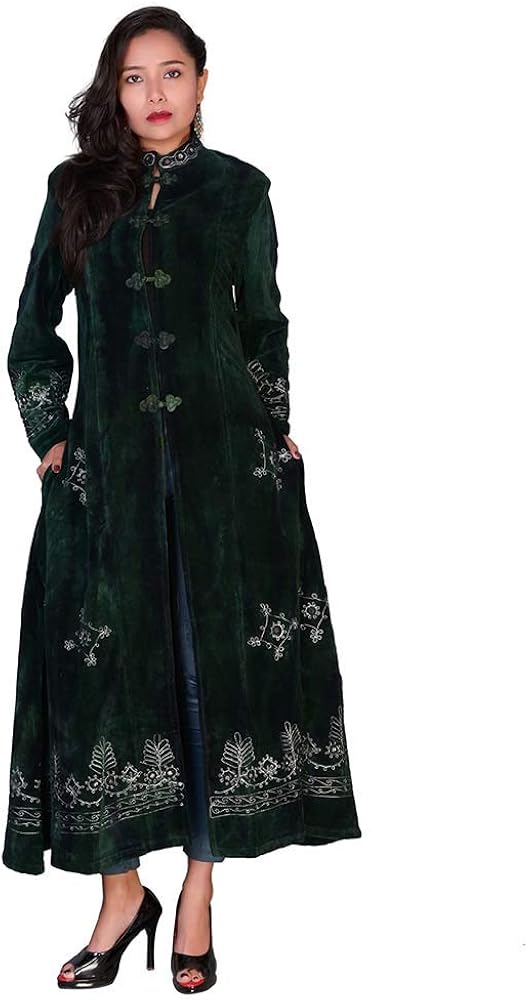 Jacket Long Velvet with Mirrors and Embroidery Work. Green L/XL Amazon