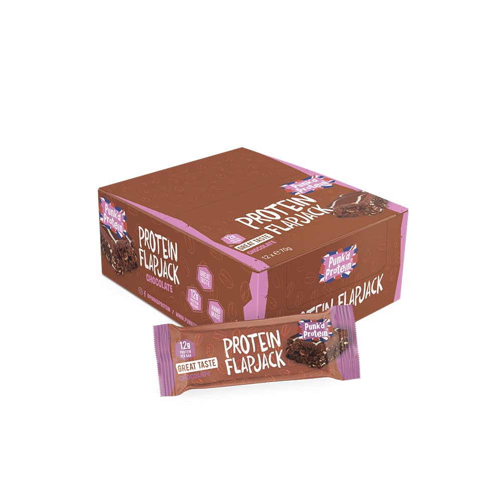 Punk'd Protein Flapjack Bars (Box of 12x e70g) - Pack of 12 Chocolate Flapjacks Multipack. Great Tasting Handmade Protein Bars with 12g Protein per Bar. Delicious Protein Snacks.