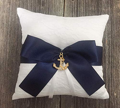 Nautical White Lace Navy Satin Bow Rhinestone Gold Anchor Wedding Bridal Ring Bearer Pillow