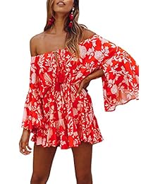 GAMISOTE Vestido corto de mujer con hombros descubiertos, mangas de campana, estampado floral bohemio