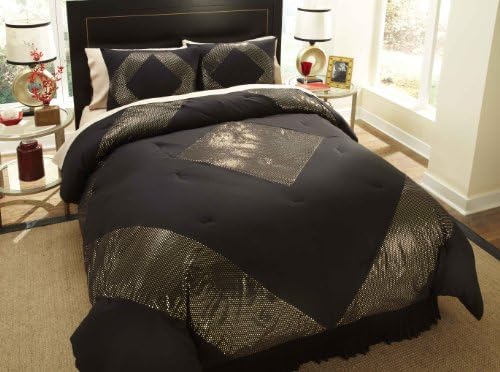 Divatex 75 GSM Metallic Printed Bling Microfiber Dot King Mini Comforter Set, Black/Gold