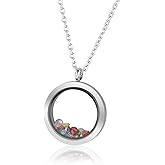 PiercingJ Living Memory Floating Locket Pendant Necklace Polished Round Stainless Steel Memorial Keepsake Glass Locket Necklace for Women, Free 12pcs Cubic Zirconia Birthstone