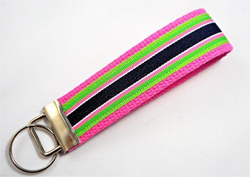 Preppy Stripe Ribbon Wristlet Key Fob Keychain Blue on Pink