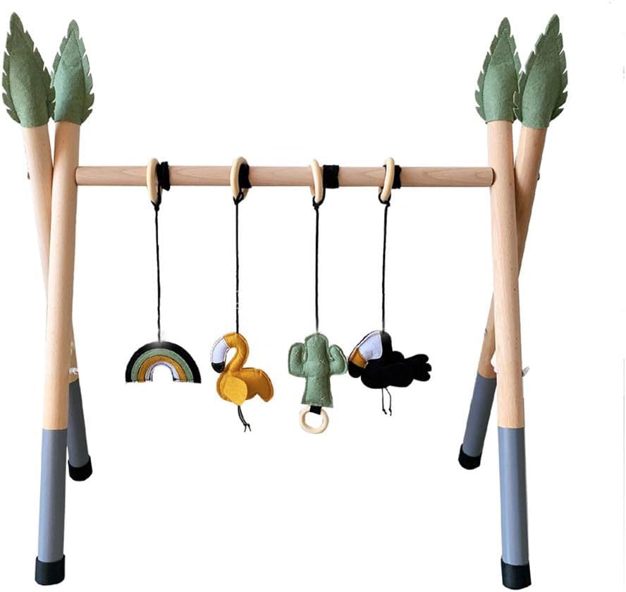 HB.YE Baby Wooden Play Gym with 4 PCS Pendant Toys 4 PCS Covers Handmade Foldable Frame + 4PCS Teethers + 4PCS Leaf Hats Rattle Rings Sensory Toy Activity Gift (Grey&Green)