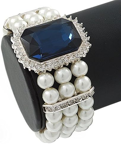 Avalaya Bridal, Wedding, Prom Multistrand Glass Pearl with Square Montana Blue Glass Pendant Flex Bracelet - 18cm L - Image 4