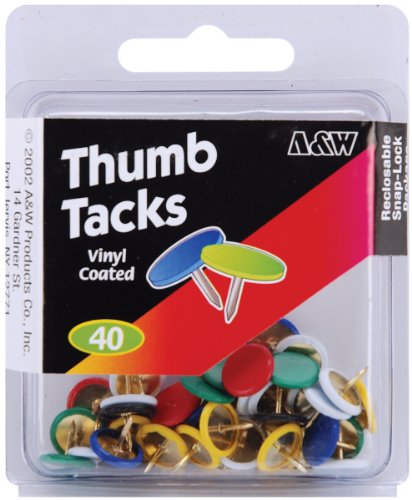 A & W Office Supplies 46119 Vinyl Coated Thumb Tack, Assorted, 40-Pack